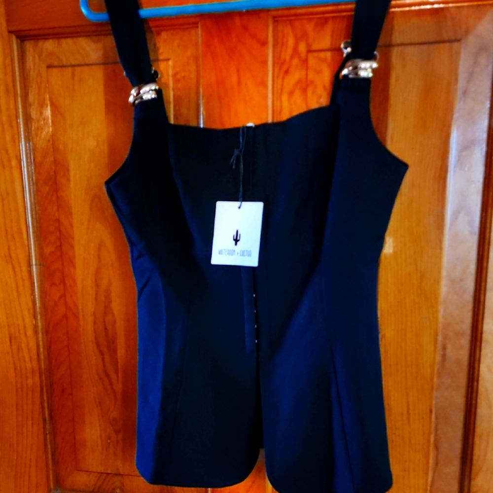 Black Sleeveless Top with Gold Accents